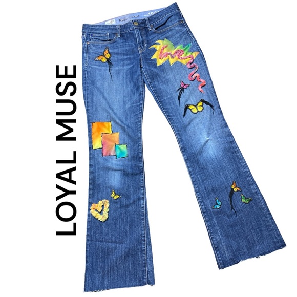 Jeans LOYAL MUSE UPCYCLED Sz 8 Reg Embroidery Butterfly Patches LOVE Rainbow 🌈 - Picture 1 of 14